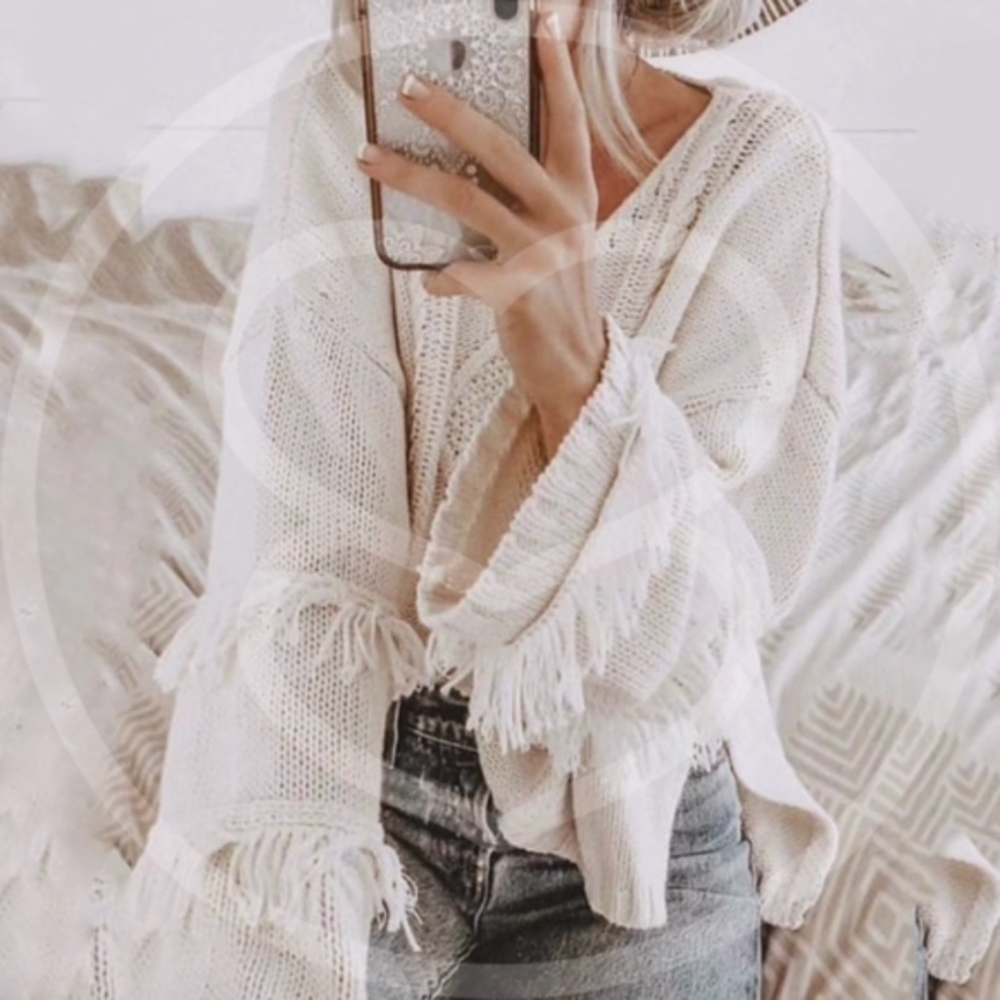 Cozy Cream fringe oversized Sweater Top - Picture 2 of 2